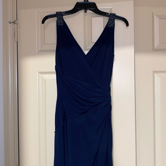 Beautiful Formal Draped Beaded Navy Blue Ralph Lauren Evening Dress - Picture 1 of 8
